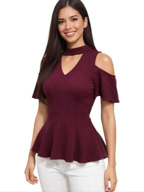BCX Burgundy Cold Shoulder Blouse. Size XS.